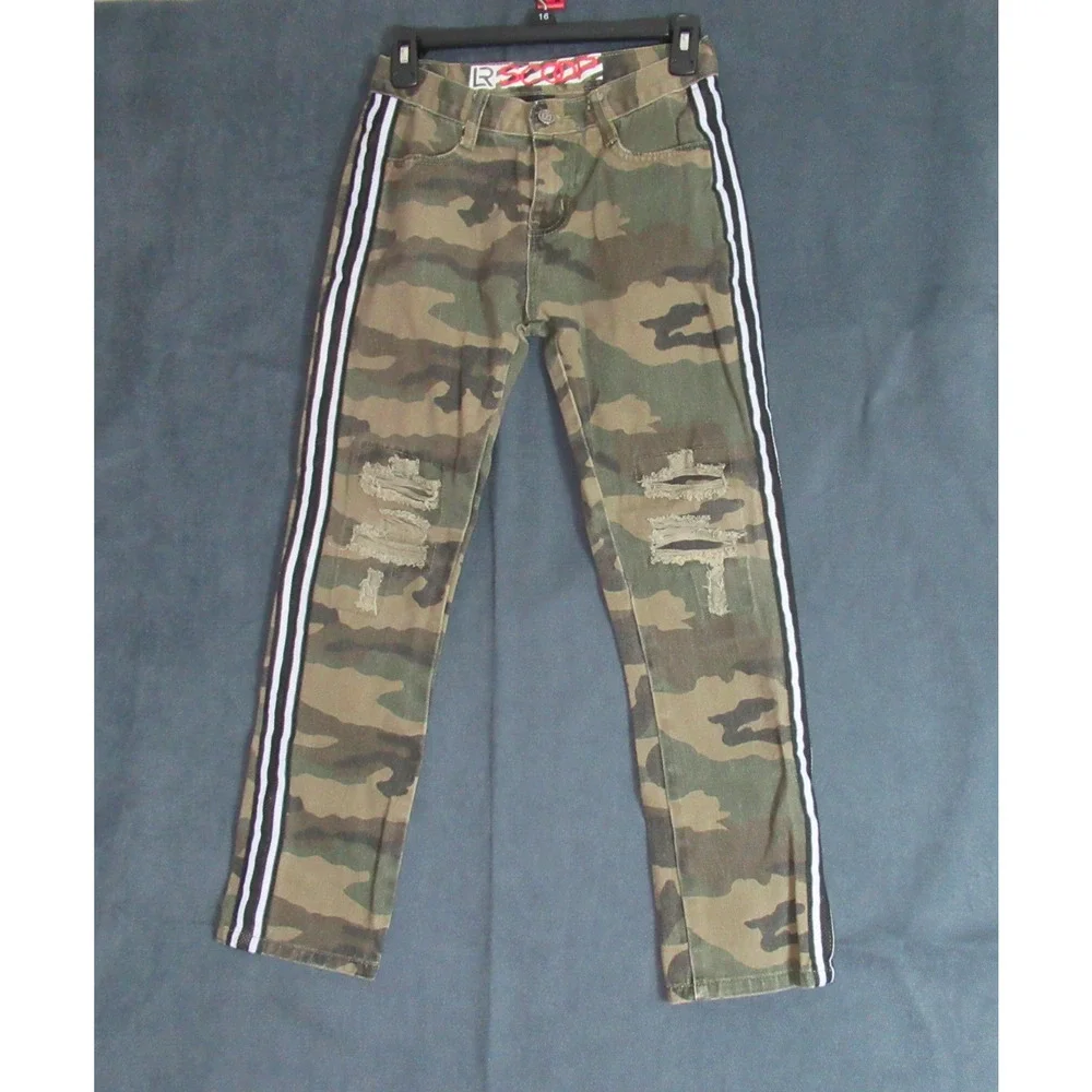 LR Scoop Jeans Boys Size 14 Green Camo Moto Racer Stripe Distressed Skinny Denim